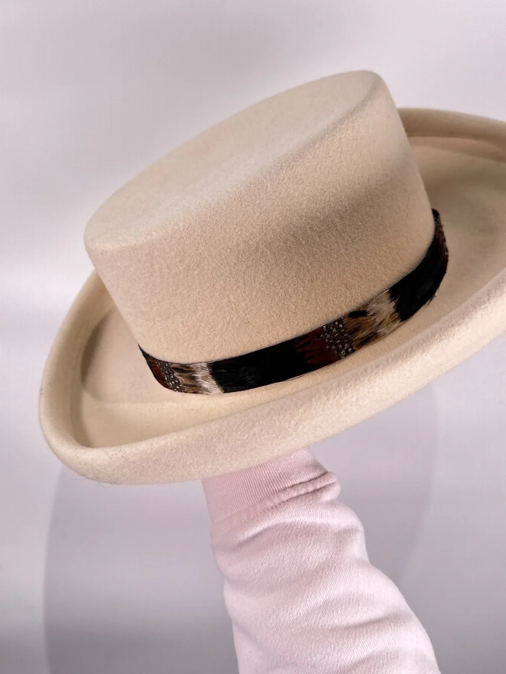 Importina Flat Crown Hat Rolled Brim Feather Band Wool Felt Cream OS